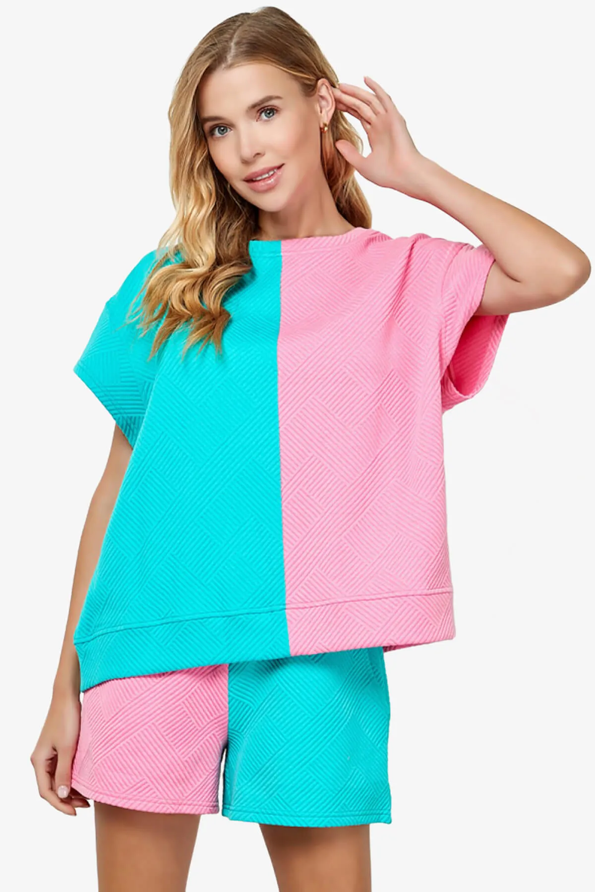 Lassy Textured Colorblock Short Sleeve Top