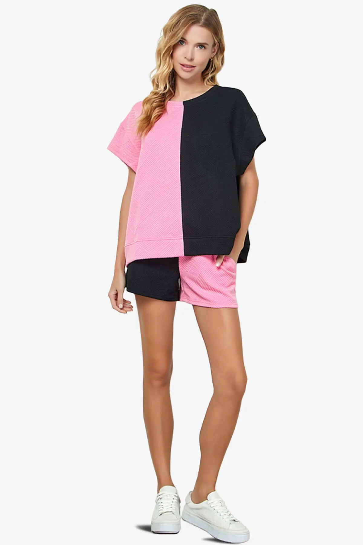 Lassy Textured Colorblock Short Sleeve Top