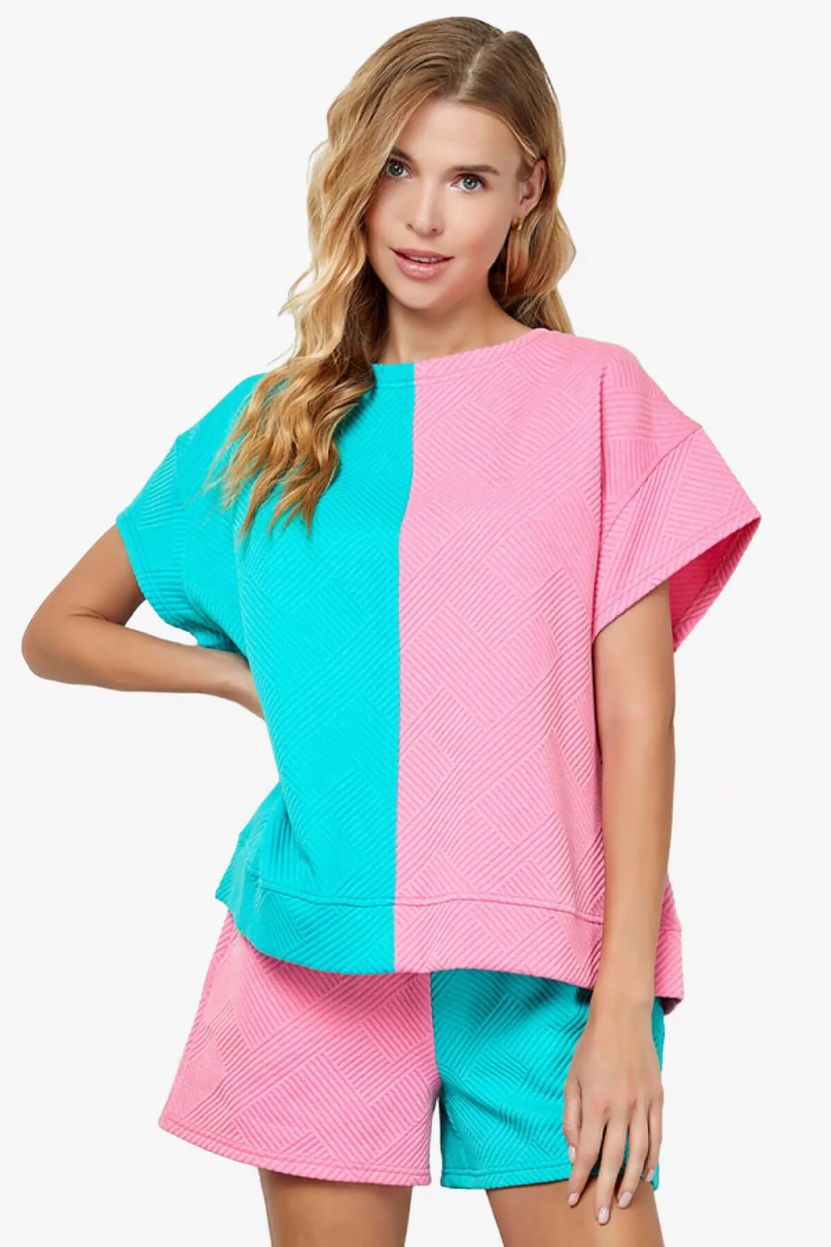 Lassy Textured Colorblock Short Sleeve Top