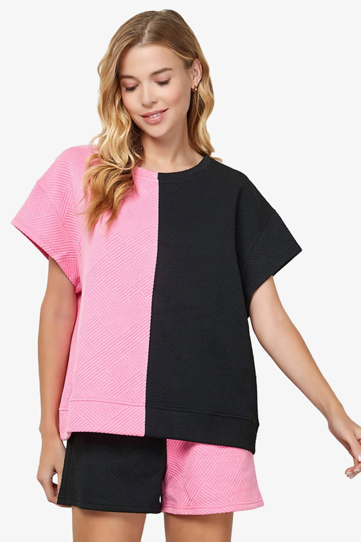 Lassy Textured Colorblock Short Sleeve Top