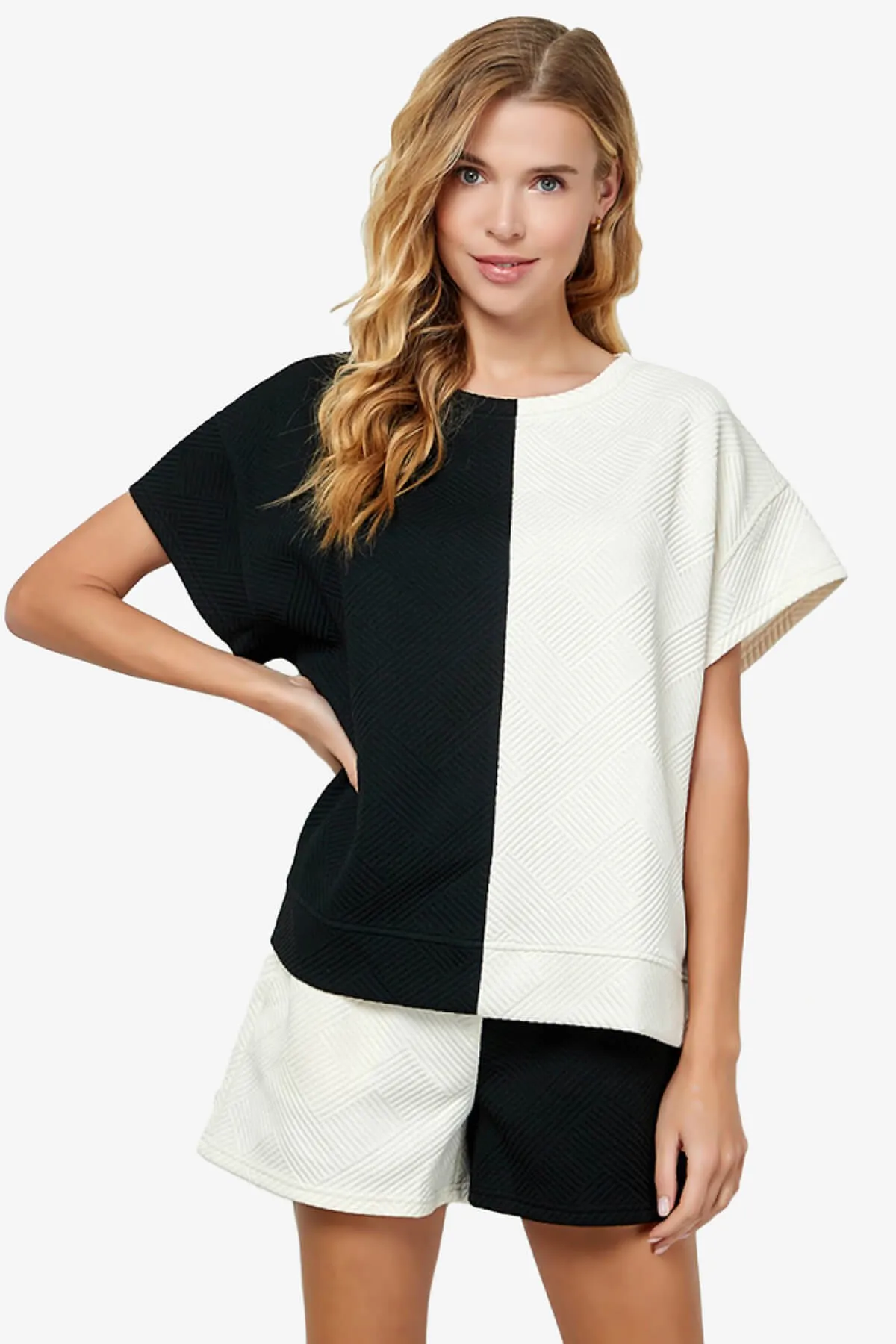 Lassy Textured Colorblock Short Sleeve Top