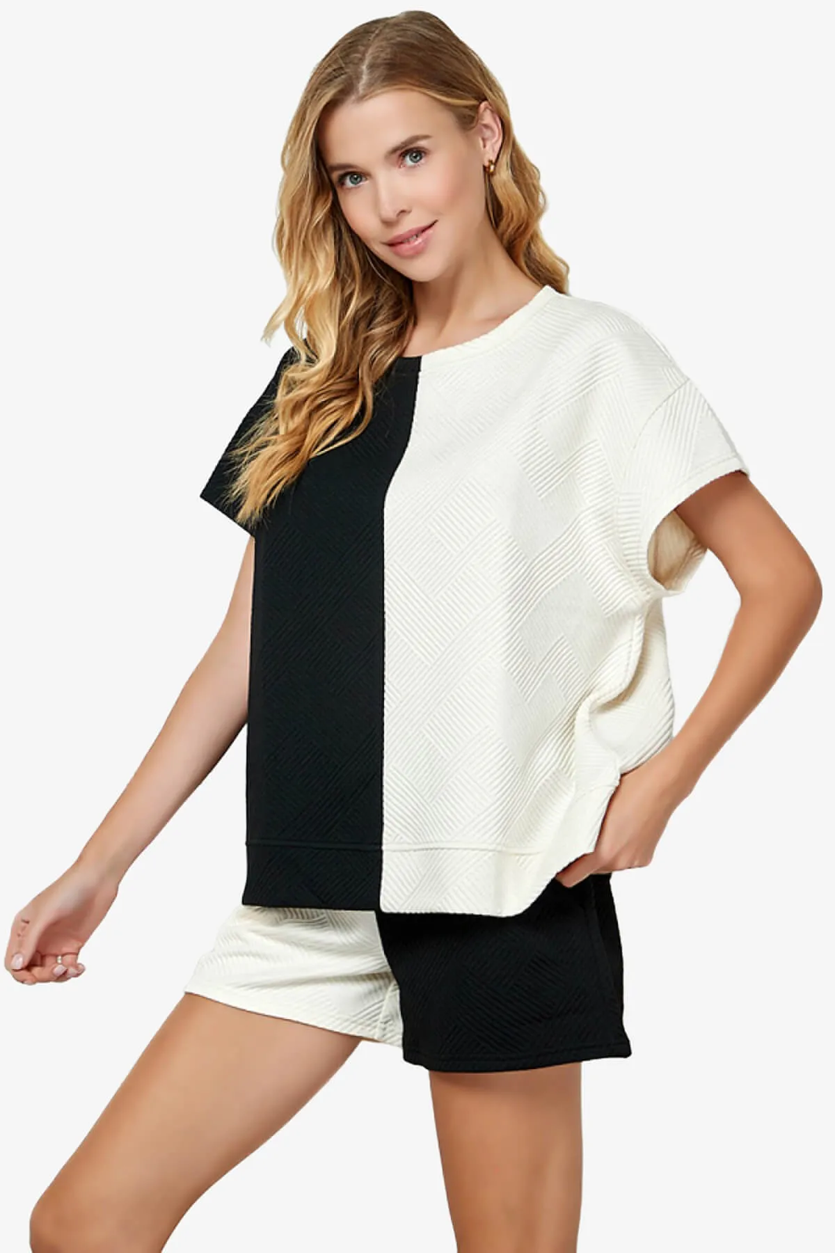 Lassy Textured Colorblock Short Sleeve Top