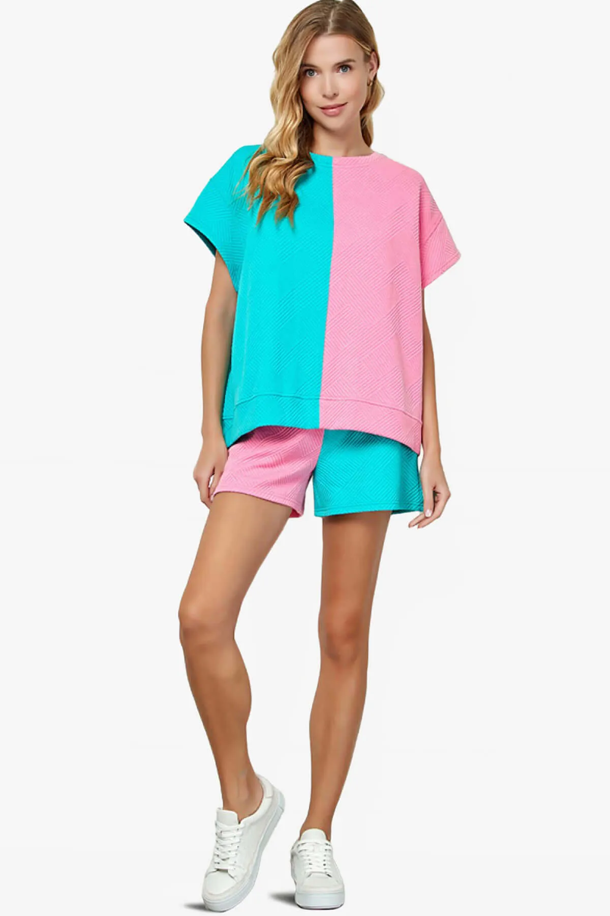 Lassy Textured Colorblock Short Sleeve Top