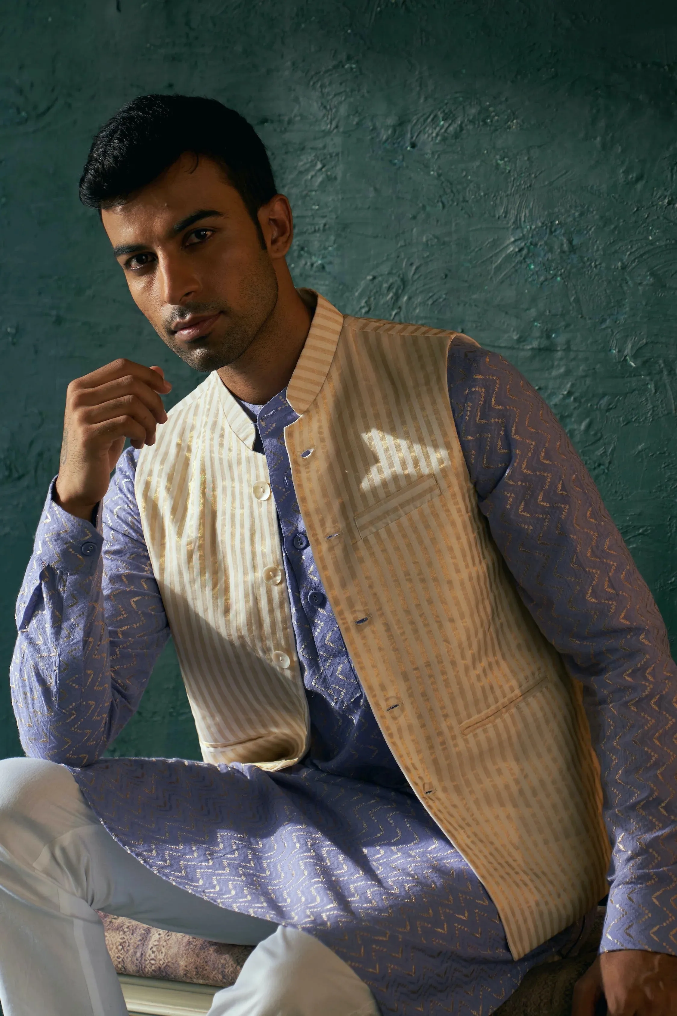 Lavender straight kurta and nehru jacket set