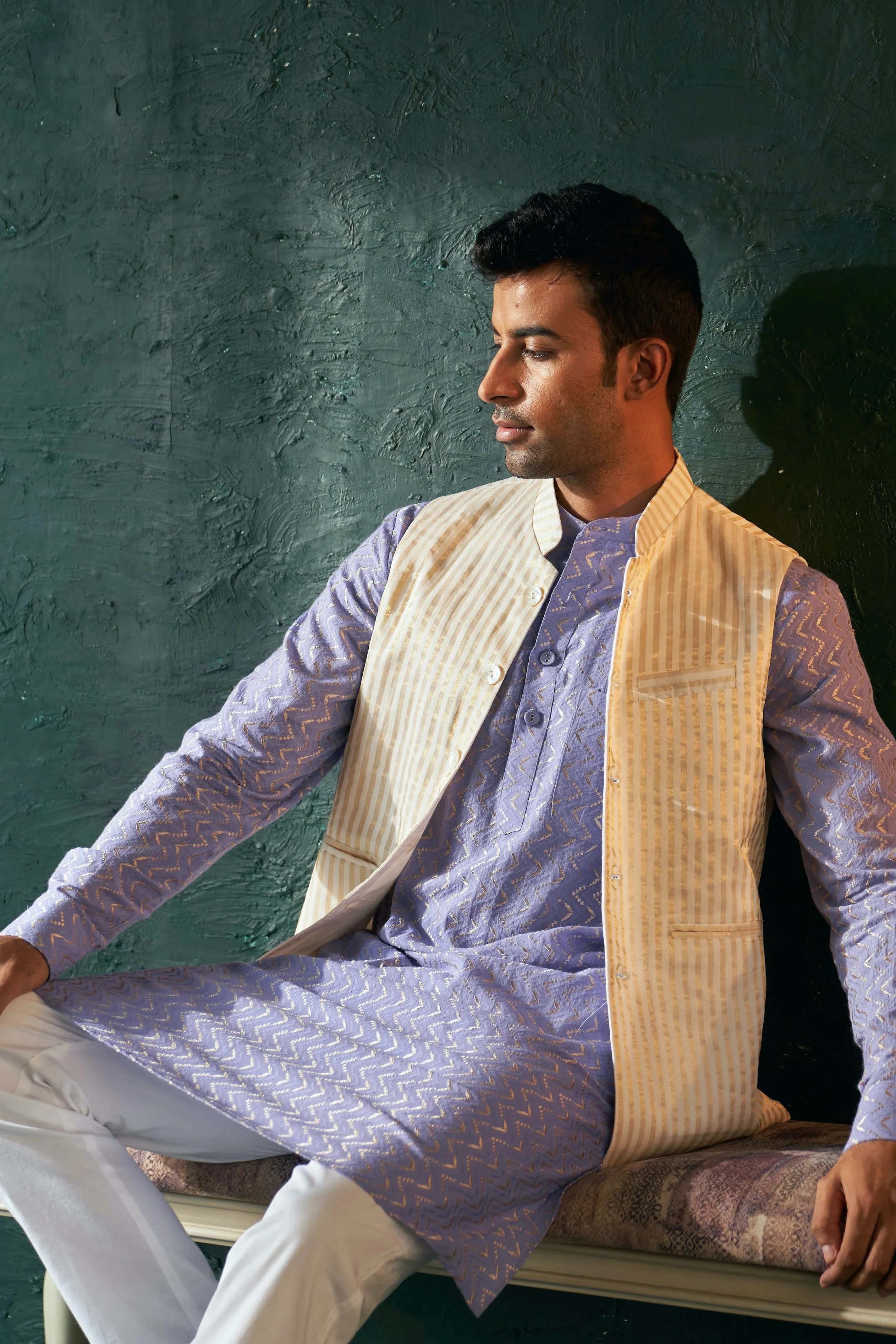 Lavender straight kurta and nehru jacket set