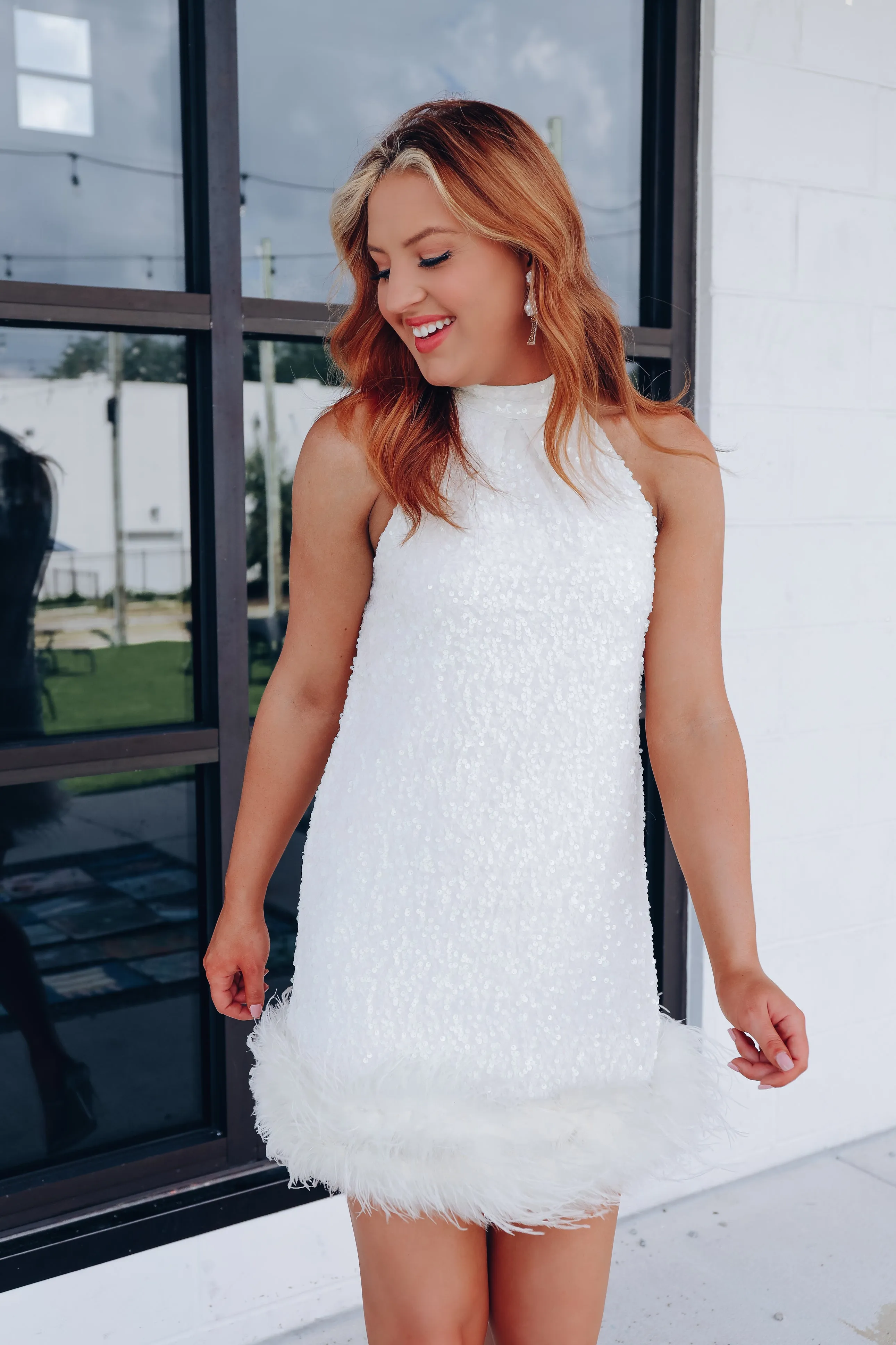 Lavish Lady Sequin & Feather Hem Dress - White