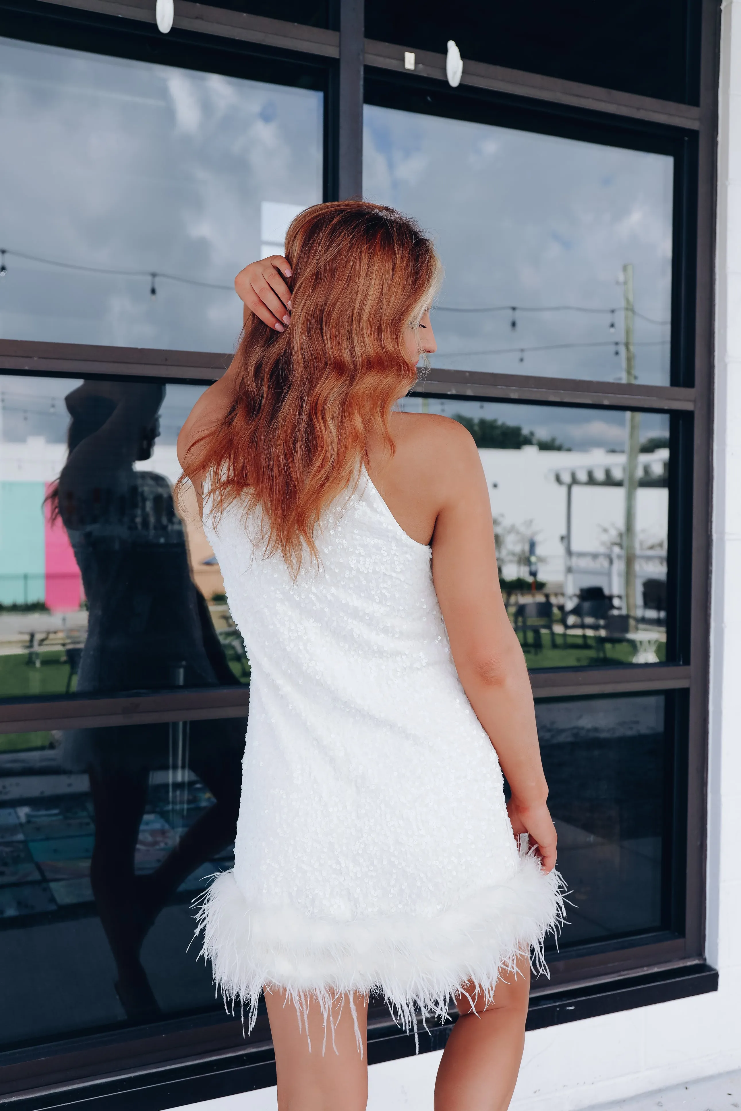 Lavish Lady Sequin & Feather Hem Dress - White