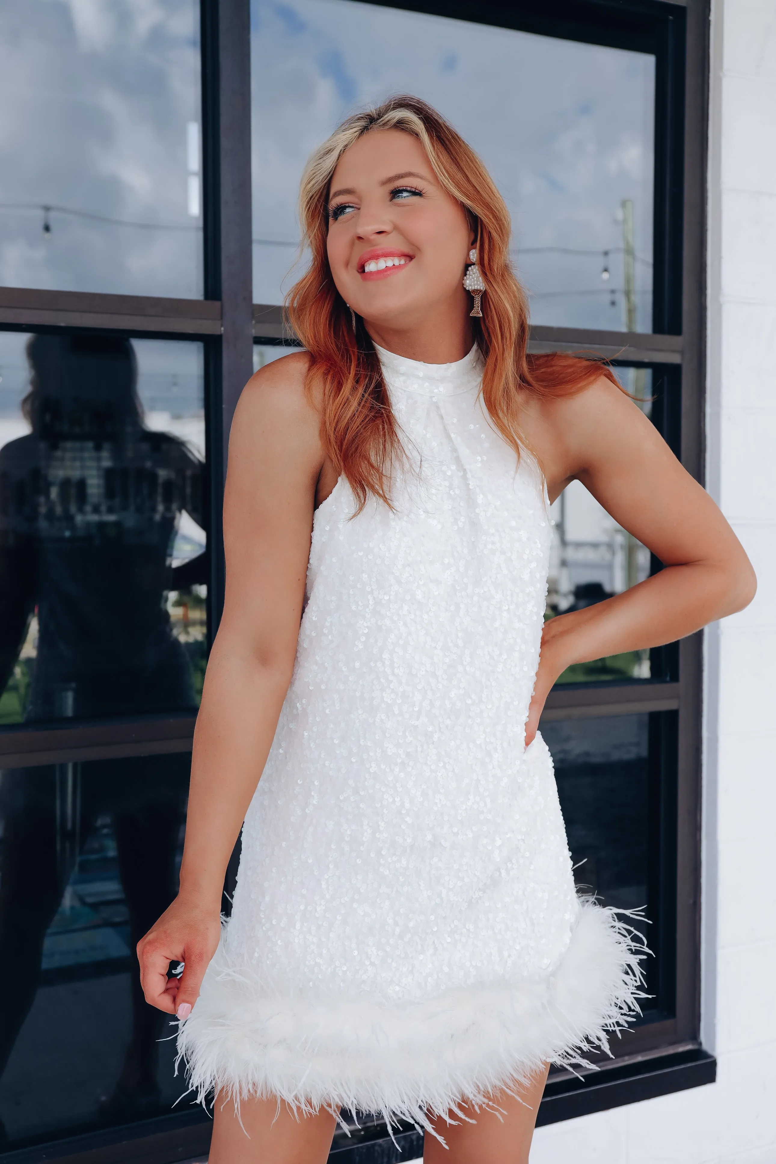 Lavish Lady Sequin & Feather Hem Dress - White