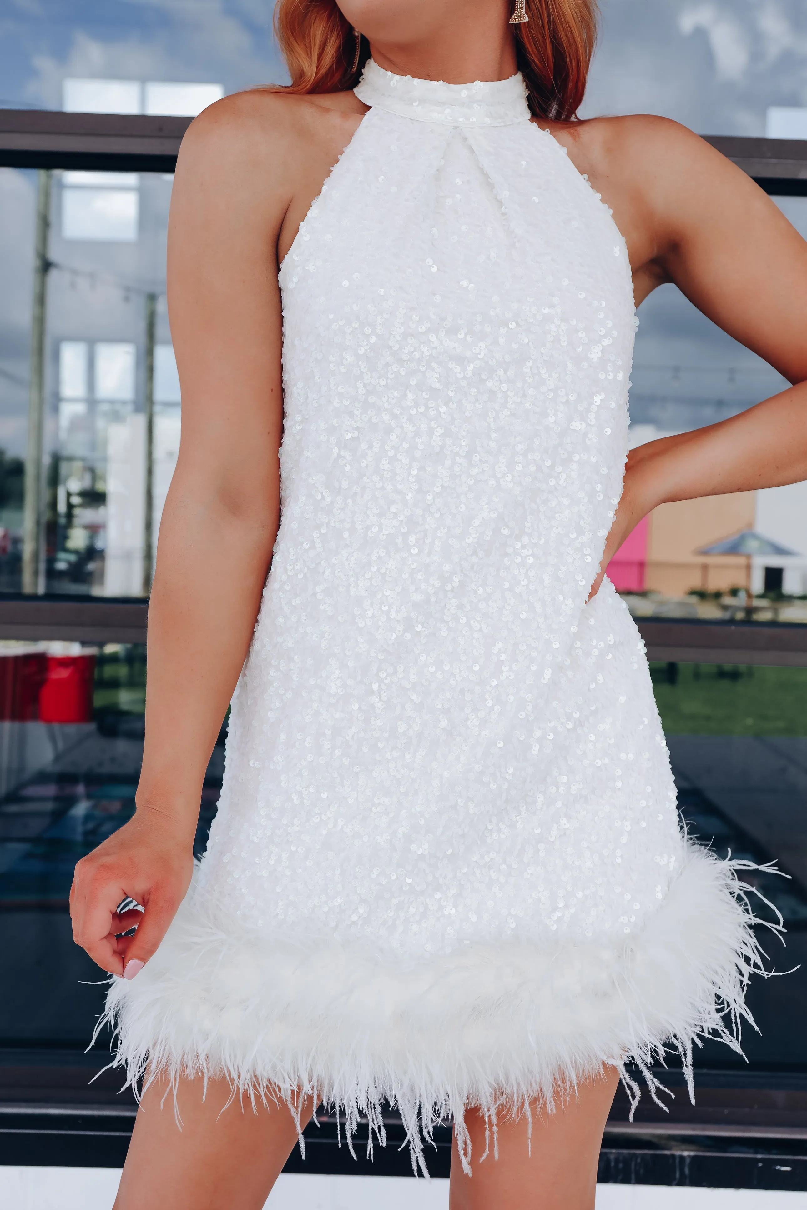 Lavish Lady Sequin & Feather Hem Dress - White