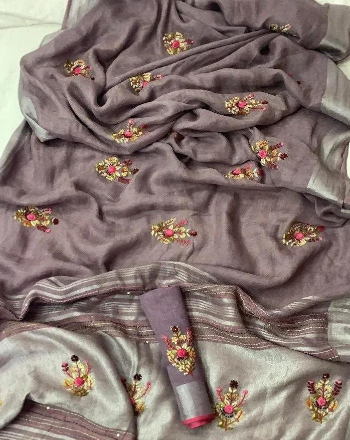 Linen Embroidred Saree In Purple