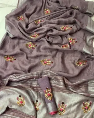 Linen Embroidred Saree In Purple