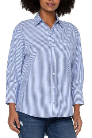 Liverpool Oversized Classic Button Front Shirt 28.25" - Blue Stripe