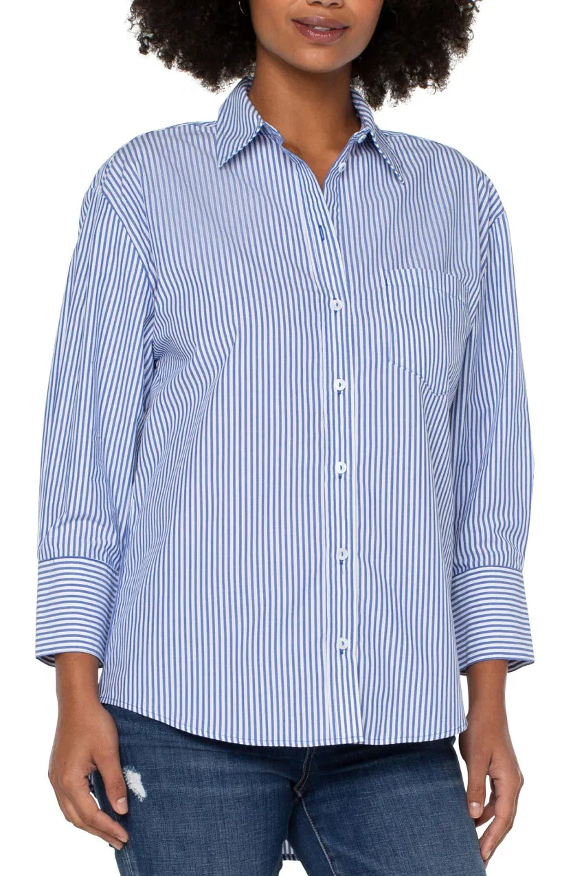 Liverpool Oversized Classic Button Front Shirt 28.25" - Blue Stripe