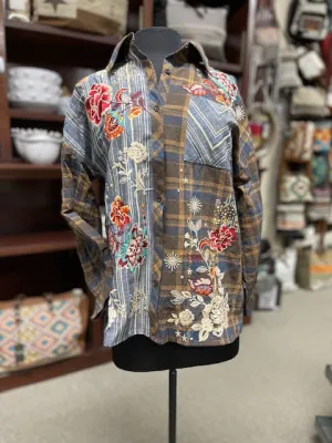 Marley Mocha Plaid and Denim Embroidered Button Down Top