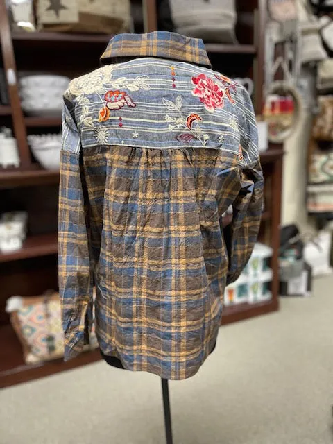 Marley Mocha Plaid and Denim Embroidered Button Down Top
