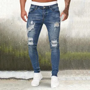 Men'S Casual Hip Hop Sports High Stretch Tight Wash Polished White Ripped Fit Zipper Jean Pants Business Stretch Men'S Jeans