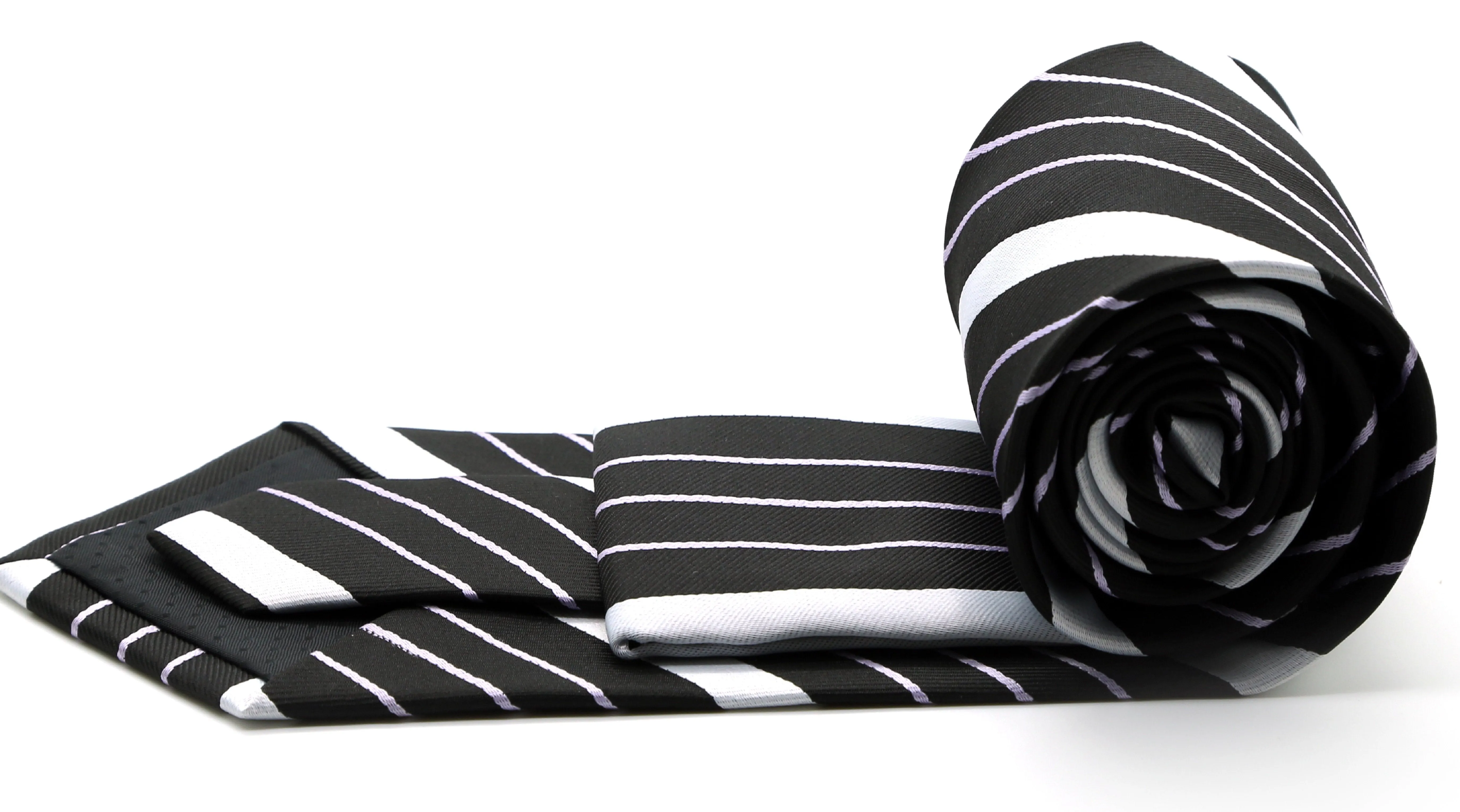 Mens Dads Classic Black Striped Pattern Business Casual Necktie & Hanky Set EO-8