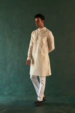 Midas Ivory Chevron Embroidered Kurta With Pant- Set Of 2