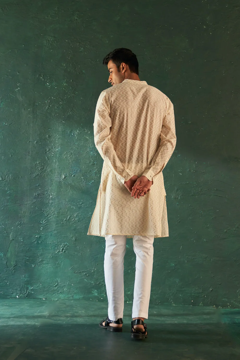 Midas Ivory Chevron Embroidered Kurta With Pant- Set Of 2