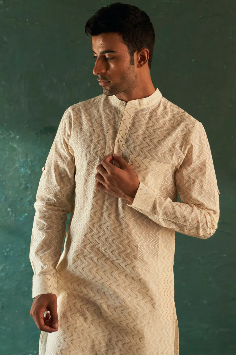 Midas Ivory Chevron Embroidered Kurta With Pant- Set Of 2