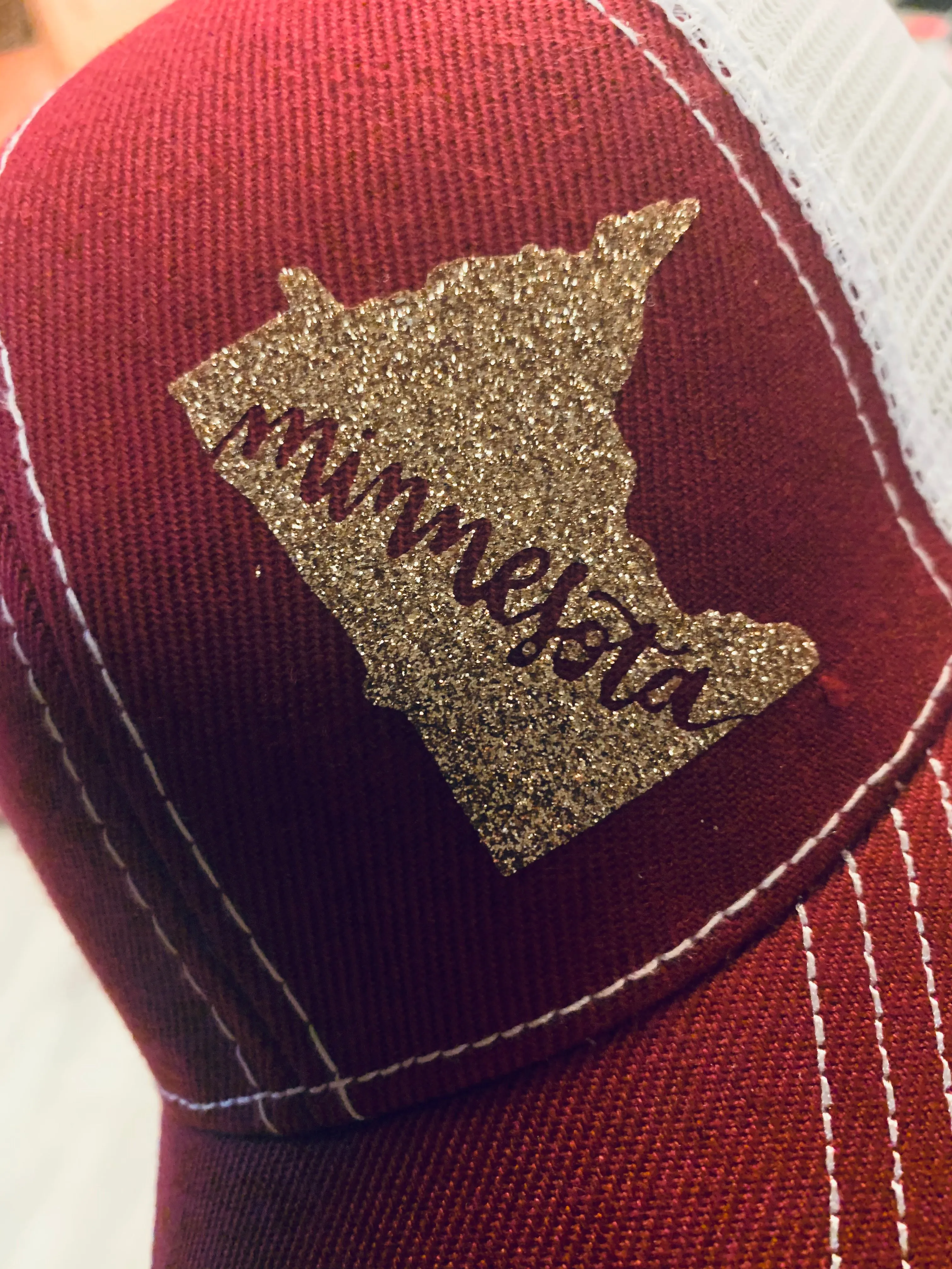 Minnesota Golden Gophers hat Maroon white gold glitter state of Minnesota Trucker cap