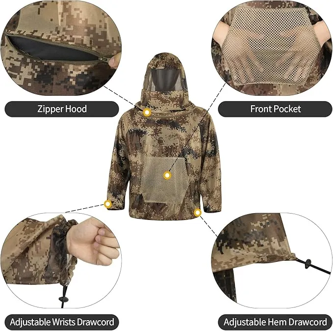 Mosquito Net Suit Camo Hunting Mesh Suit Bug Net Clothing with Hood Outdoor Protection No-See-Ums Garden Camping