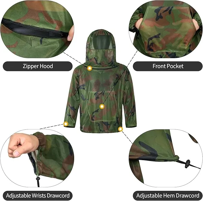 Mosquito Net Suit Camo Hunting Mesh Suit Bug Net Clothing with Hood Outdoor Protection No-See-Ums Garden Camping