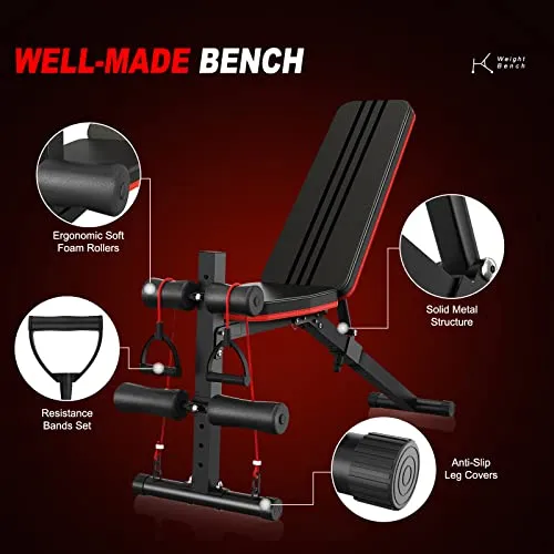 naspaluro Weight Bench Adjustable, Full Body Exercise Folding Fitness Workout Bench with 7 Positions, Exercise Bench for Weight Lifting & Sit Up Abdominal Supine Board Flat Home Gym