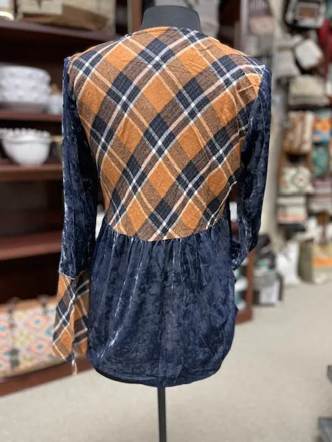 Natasha Embroidered Velvet Top with Plaid in Navy