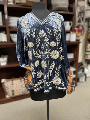 Natasha Embroidered Velvet Top with Plaid in Navy
