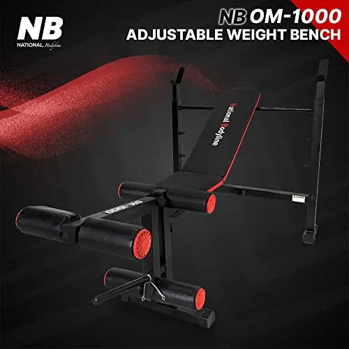 National Bodyline Adjustable Weight Bench Full Body Workout, Foldable Inclined Decline Flat Strength Training Fitness with Leg Curl & Extension (Silver) - Max Weight Capacity on Crutches: 400 LB