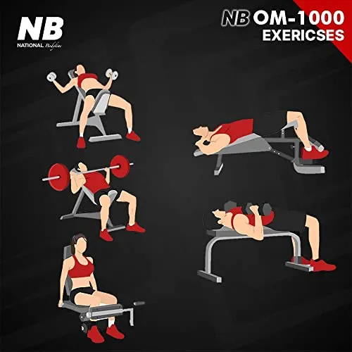 National Bodyline Adjustable Weight Bench Full Body Workout, Foldable Inclined Decline Flat Strength Training Fitness with Leg Curl & Extension (Silver) - Max Weight Capacity on Crutches: 400 LB