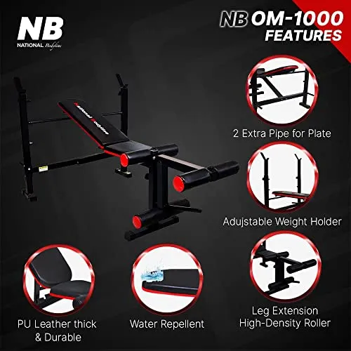 National Bodyline Adjustable Weight Bench Full Body Workout, Foldable Inclined Decline Flat Strength Training Fitness with Leg Curl & Extension (Silver) - Max Weight Capacity on Crutches: 400 LB