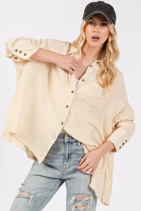 Natural Color Frayed Hem Side Slit Button Down Shirt