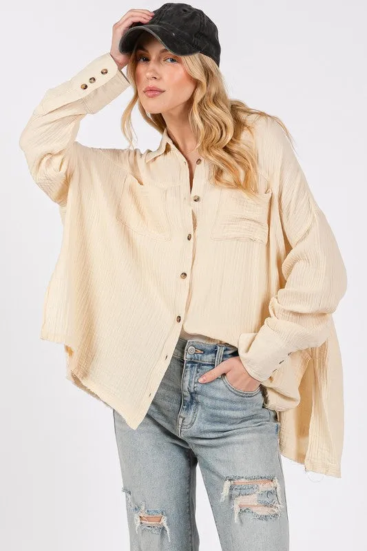 Natural Color Frayed Hem Side Slit Button Down Shirt