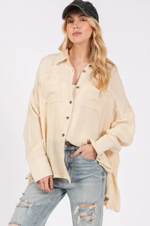 Natural Color Frayed Hem Side Slit Button Down Shirt