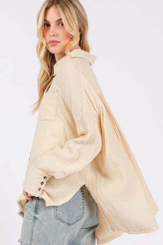 Natural Color Frayed Hem Side Slit Button Down Shirt