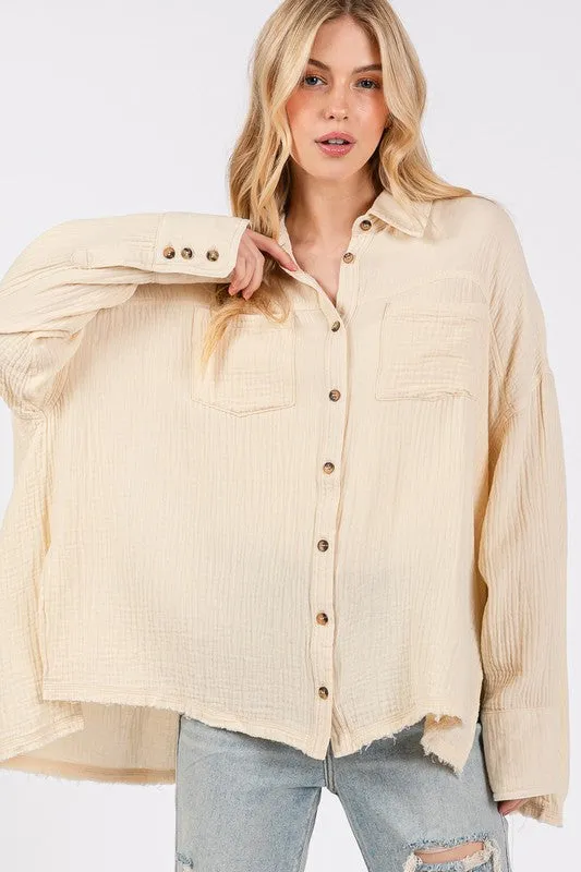 Natural Color Frayed Hem Side Slit Button Down Shirt