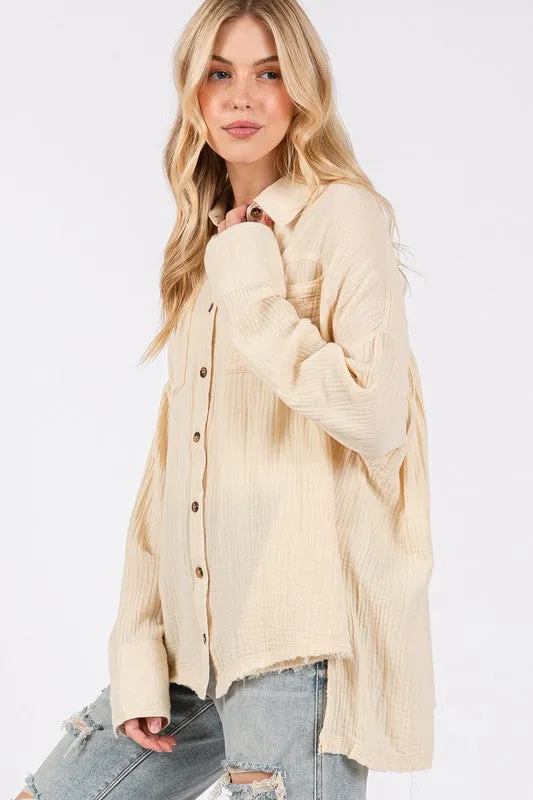 Natural Color Frayed Hem Side Slit Button Down Shirt
