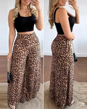 New Sexy Leaky Umbilical Women Outifits 2023 Summer Fashion Square Neck Sleeveless Crop Tank Top & Leopard Print Pocket Wide Leg Pants Set