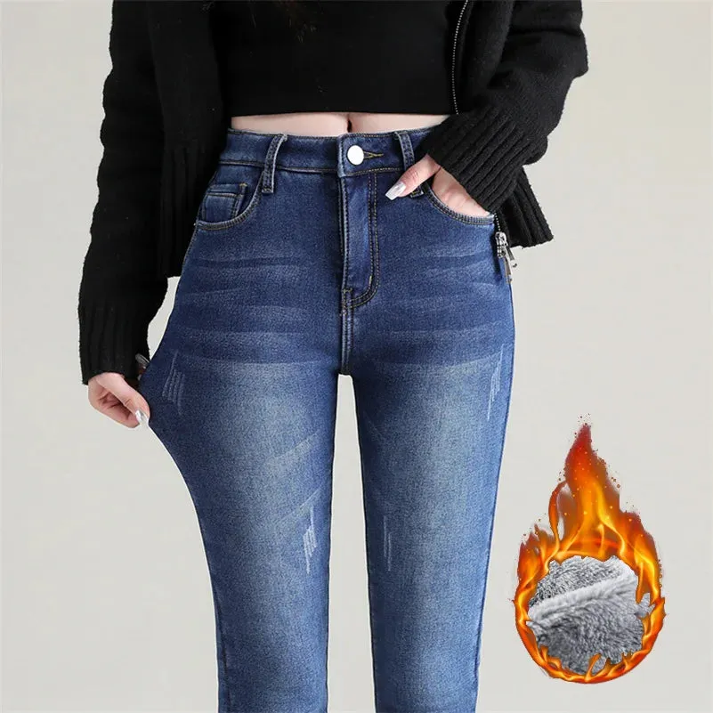 New Women Thermal Jeans Winter Snow Warm Plush Stretch Jeans Lady Skinny Thicken Students Denim Pants Fleece Mom Fur Trousers