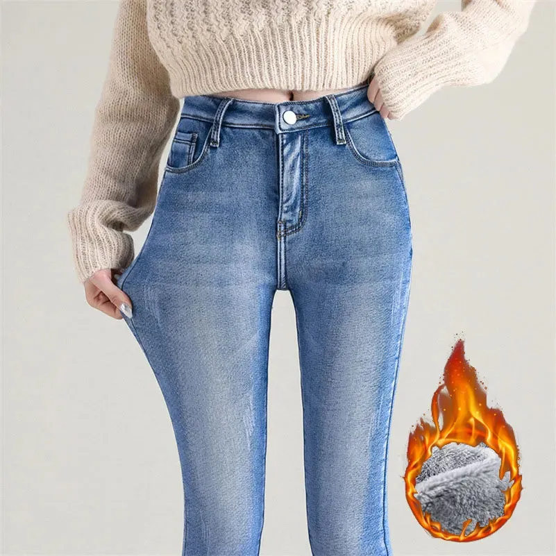 New Women Thermal Jeans Winter Snow Warm Plush Stretch Jeans Lady Skinny Thicken Students Denim Pants Fleece Mom Fur Trousers