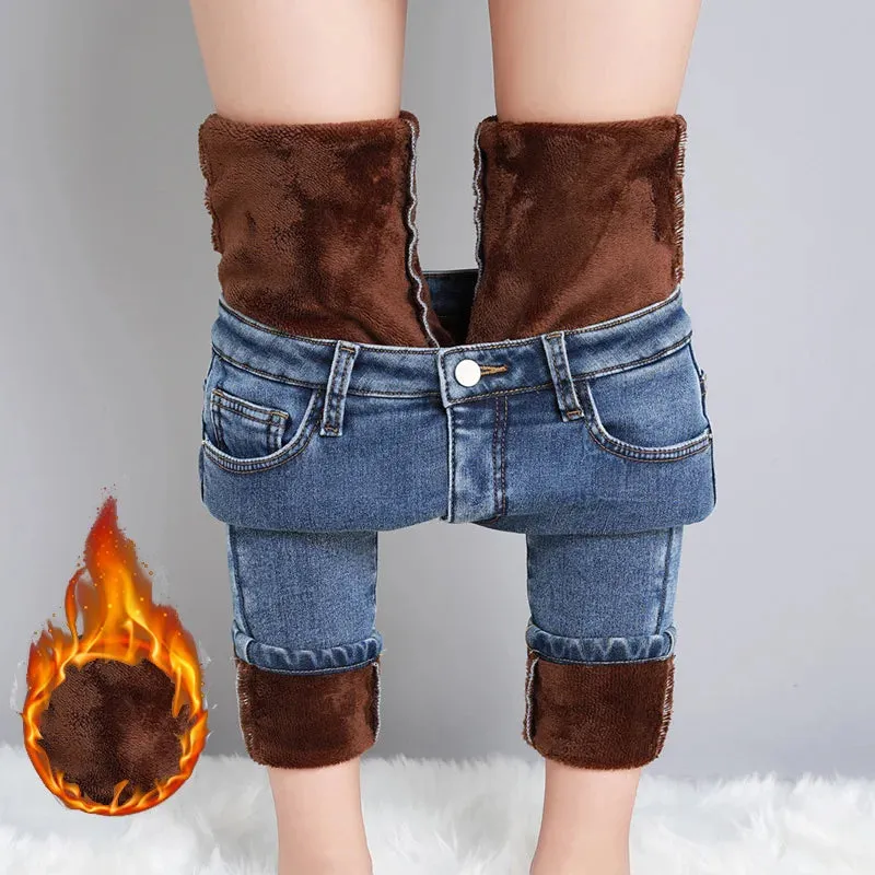 New Women Thermal Jeans Winter Snow Warm Plush Stretch Jeans Lady Skinny Thicken Students Denim Pants Fleece Mom Fur Trousers