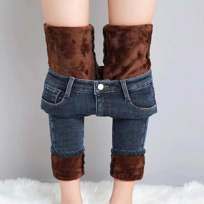 New Women Thermal Jeans Winter Snow Warm Plush Stretch Jeans Lady Skinny Thicken Students Denim Pants Fleece Mom Fur Trousers