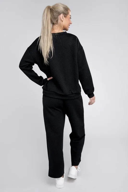 Nuvi Apparel Textured Fabric Top and Pants Casual Set