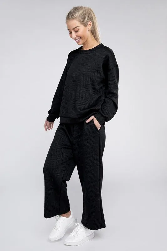 Nuvi Apparel Textured Fabric Top and Pants Casual Set