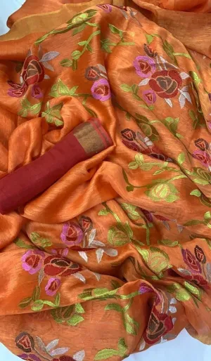 Orange Linen Embroidery Saree