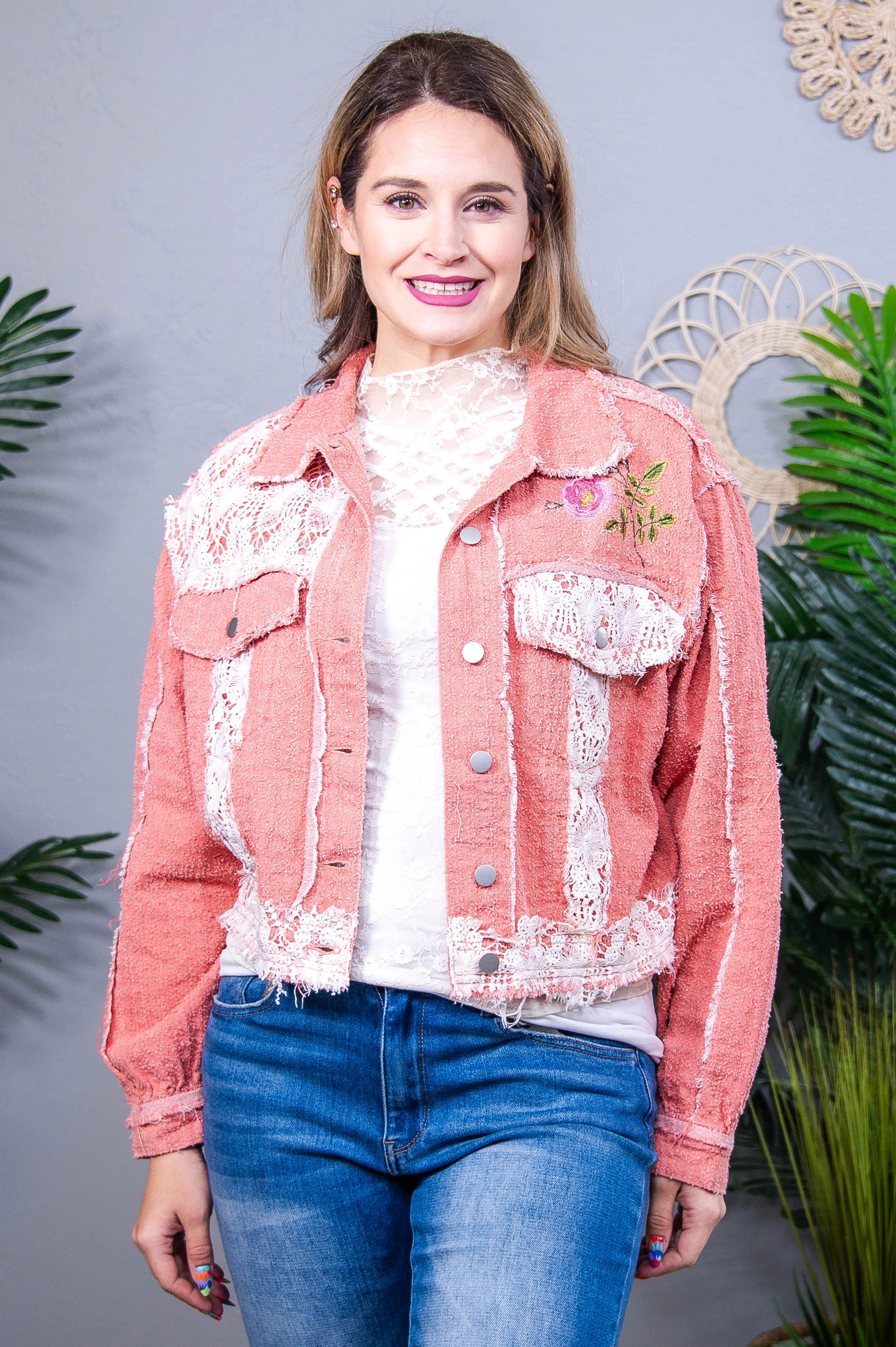 Outdoor Adventurer Pink Crocheted/Embroidered Jacket