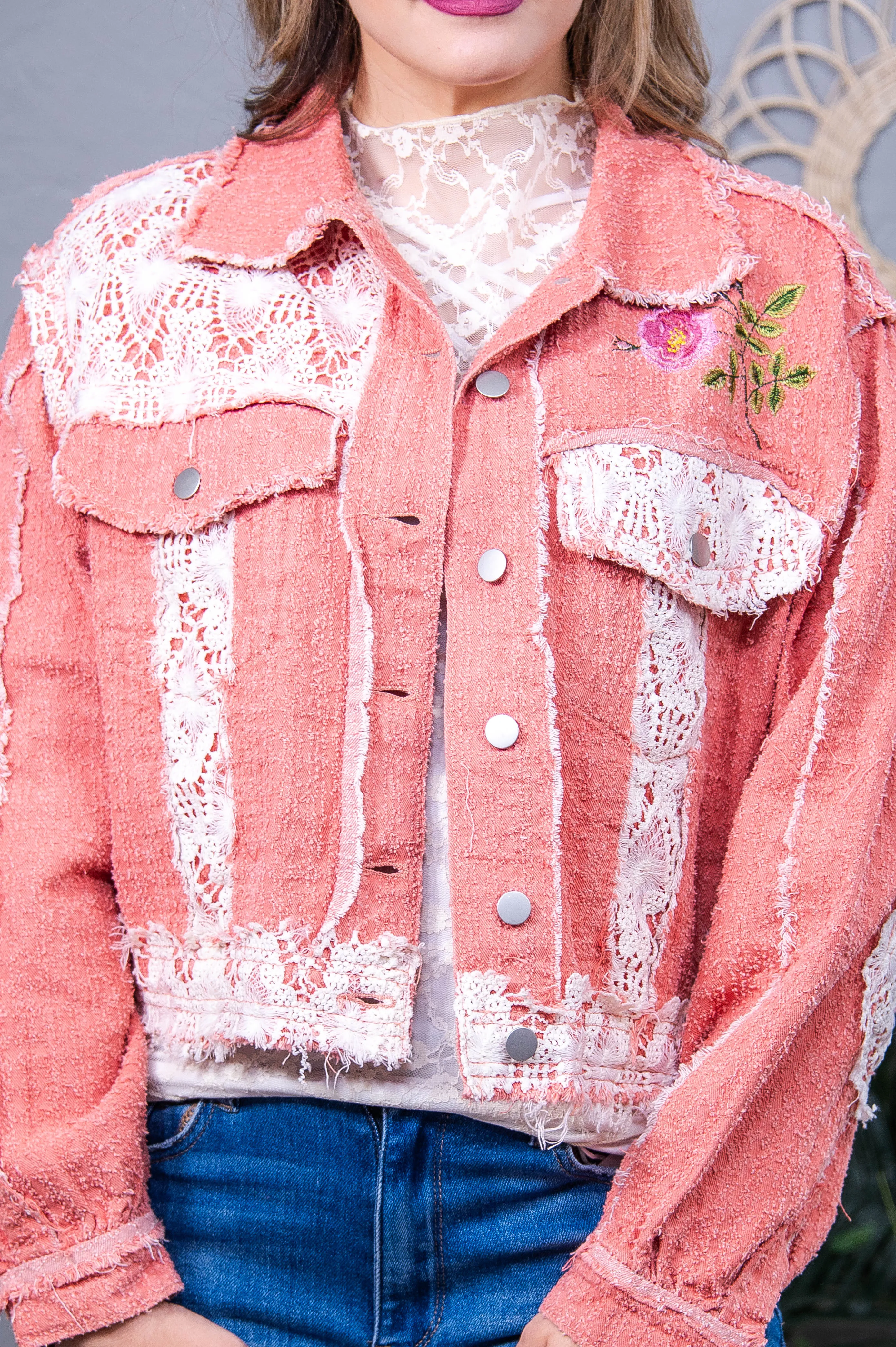 Outdoor Adventurer Pink Crocheted/Embroidered Jacket