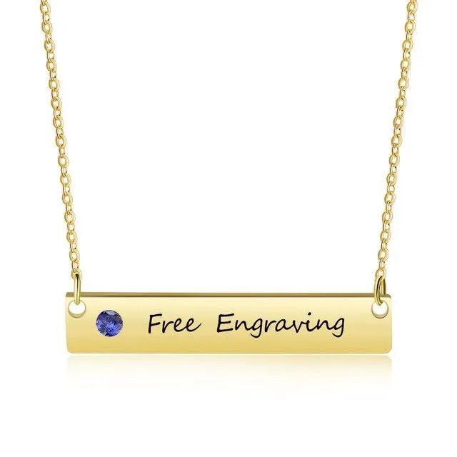 Personalized Stainless Steel Necklace with Engrave Name Plate & Custom Birthstone Pendant, Anniversary Gift